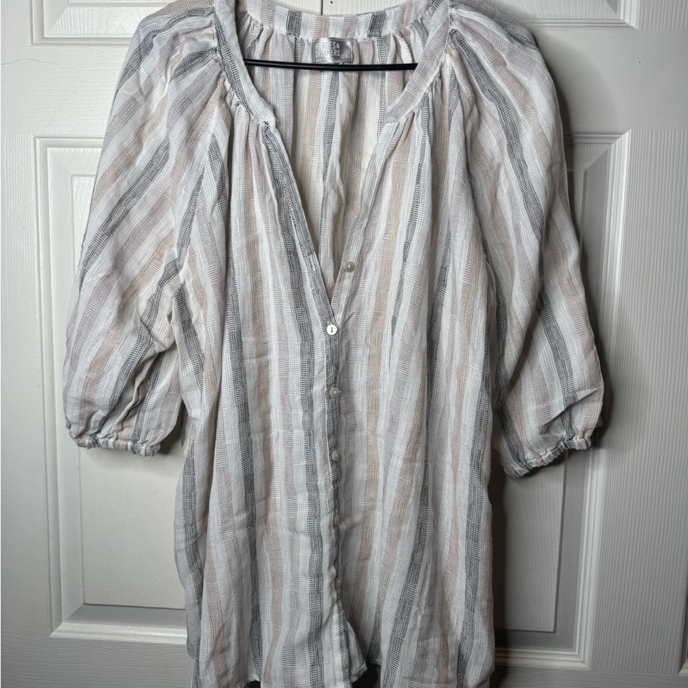 Neutral Striped Button-Down Blouse - image 5
